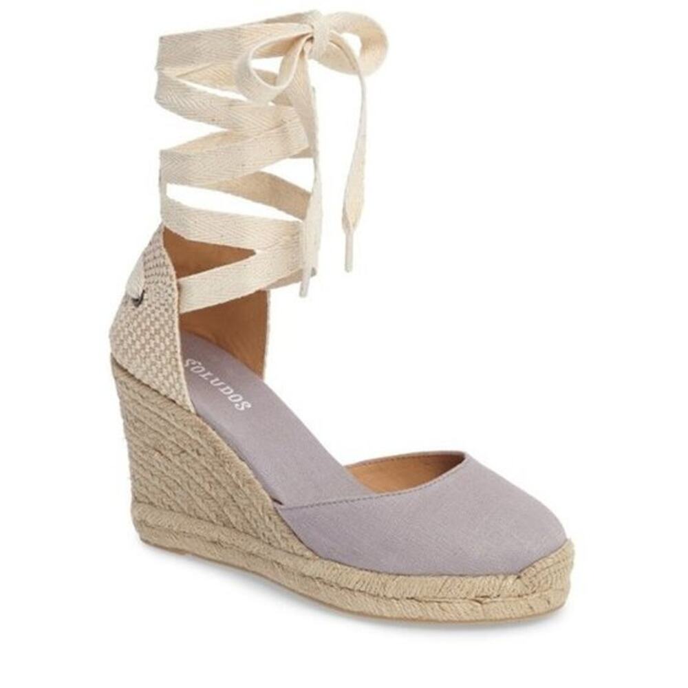 Soludos Tall Wedge Espadrille Women's 9.5 Gray Linen Ankle Tie Jute Heel